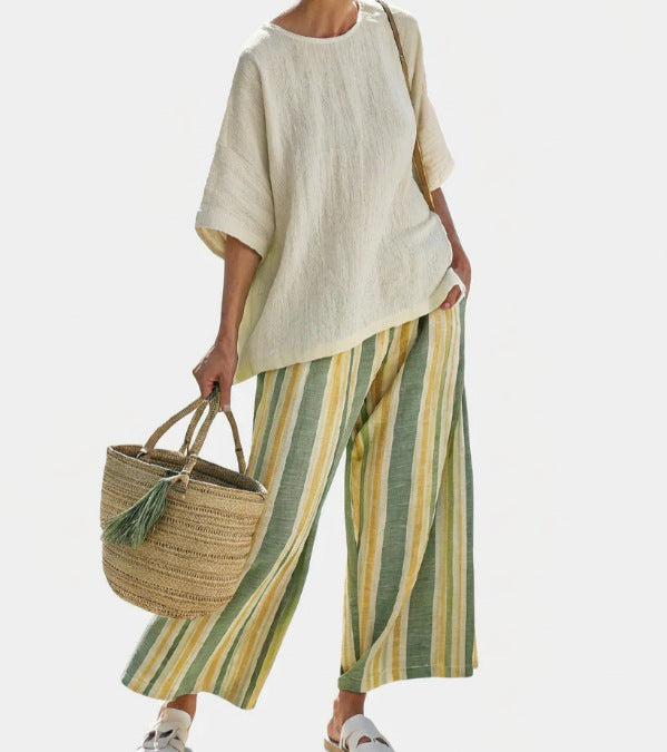 Women Boho Striped Plus Size Loose Kaftan Beach Set