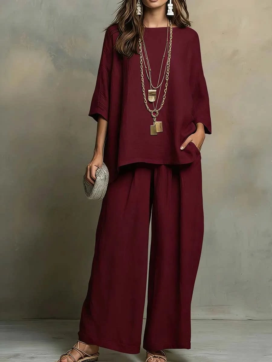 Women Boho Gradient Print Round Neck Batwing Loose Beach Two Piece Set