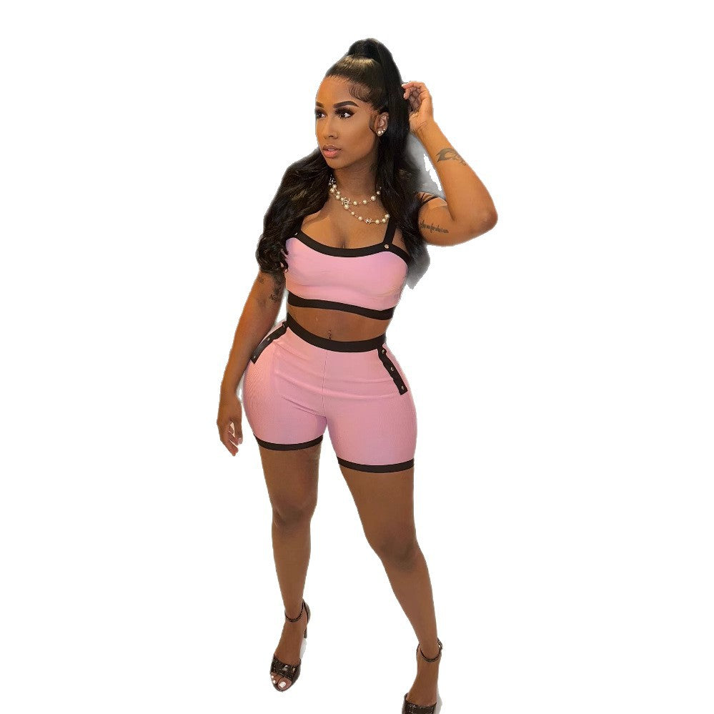 Color Block Spaghetti Strap Crop Top Biker Shorts 2 Piece Set Women