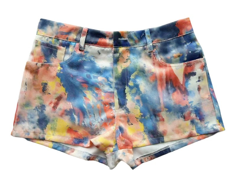 Vintage Printed High Waist Denim Shorts Women Casual Hot Pants