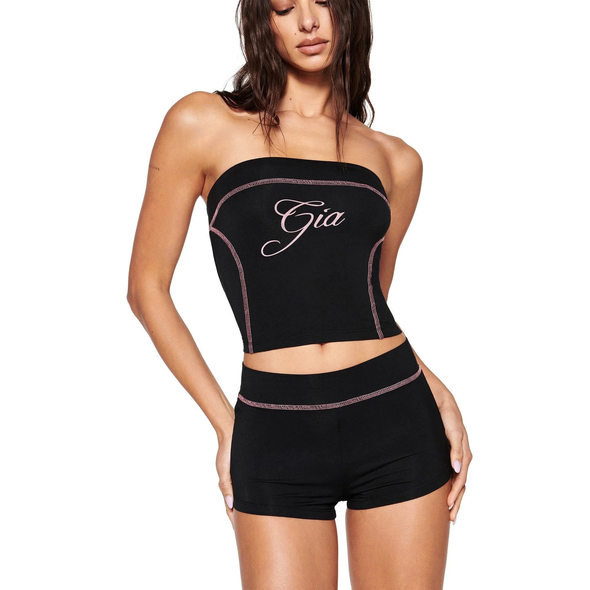 I.AM.GIA Stitch Letter Print Tube Top Biker Shorts 2 Piece Outfit Set