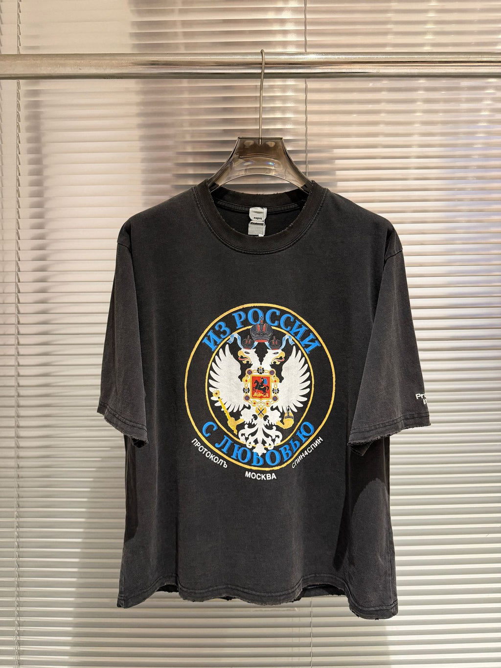 Washed Distressed Double Head Eagle Graphic Crew Neck Short Sleeve T Shirt