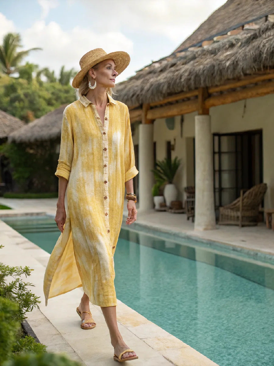 Women Boho Vertical Striped Collared Button Front Slit Loose Maxi Beach Dress