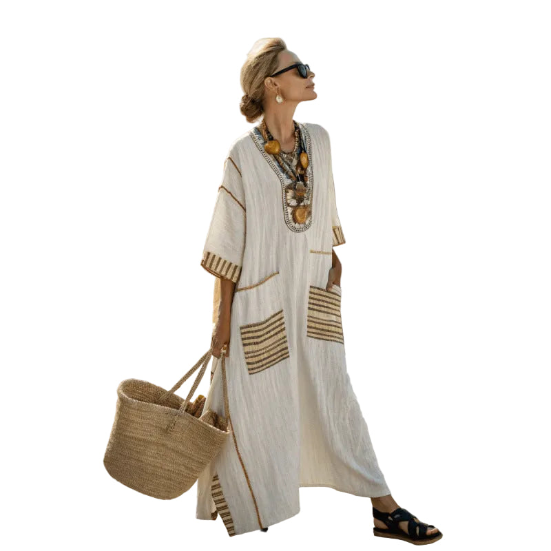 Women Boho V Neck Patch Pocket Print Loose Kaftan Maxi Beach Dress