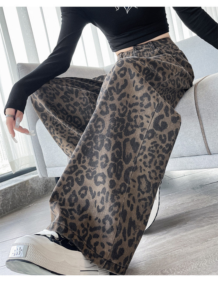 Leopard Print Wide Leg Denim Jeans High Waist Loose Straight Pants