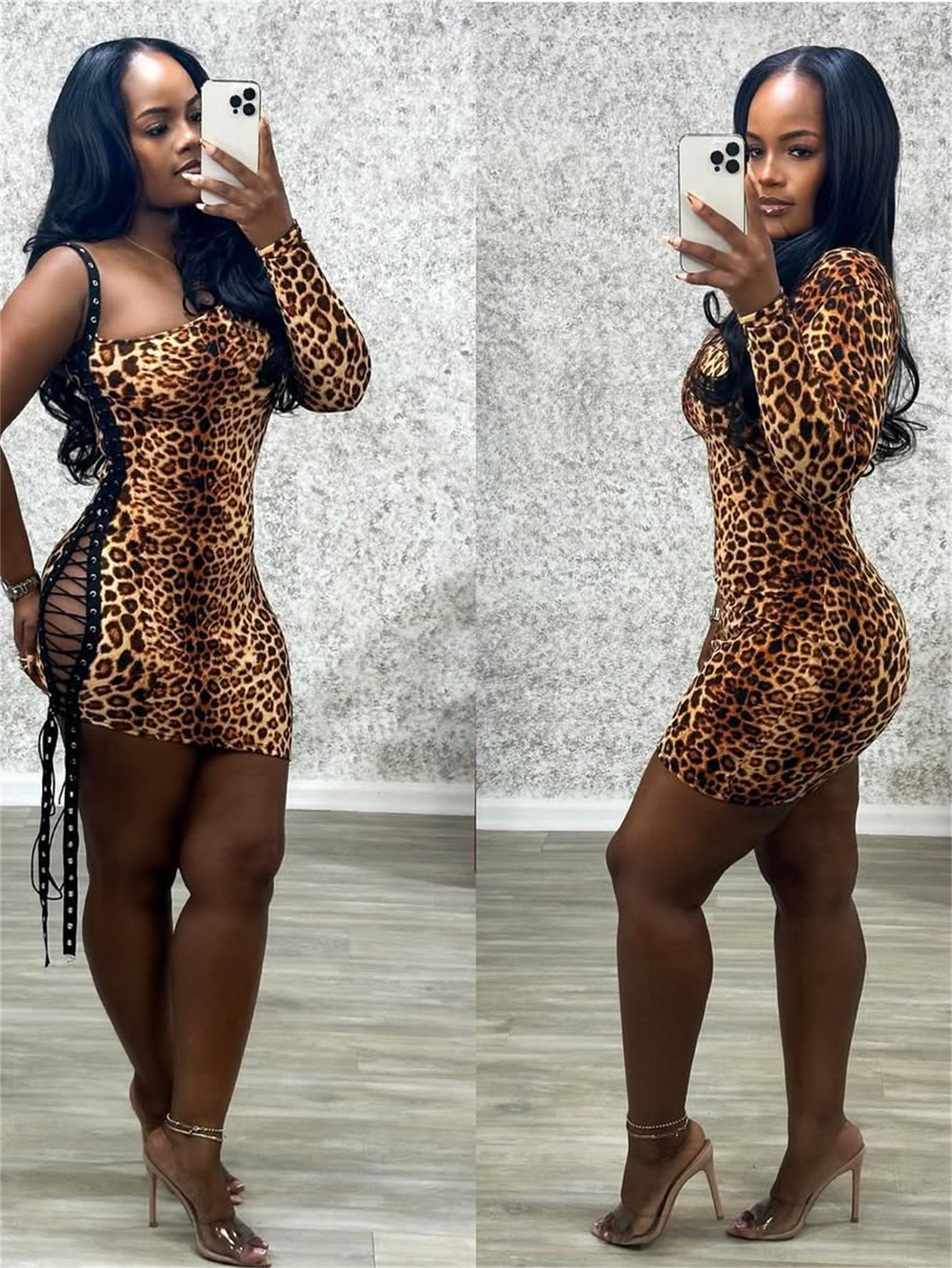 Leopard Print One Shoulder Lace Up Bodycon Mini Dress Women Club