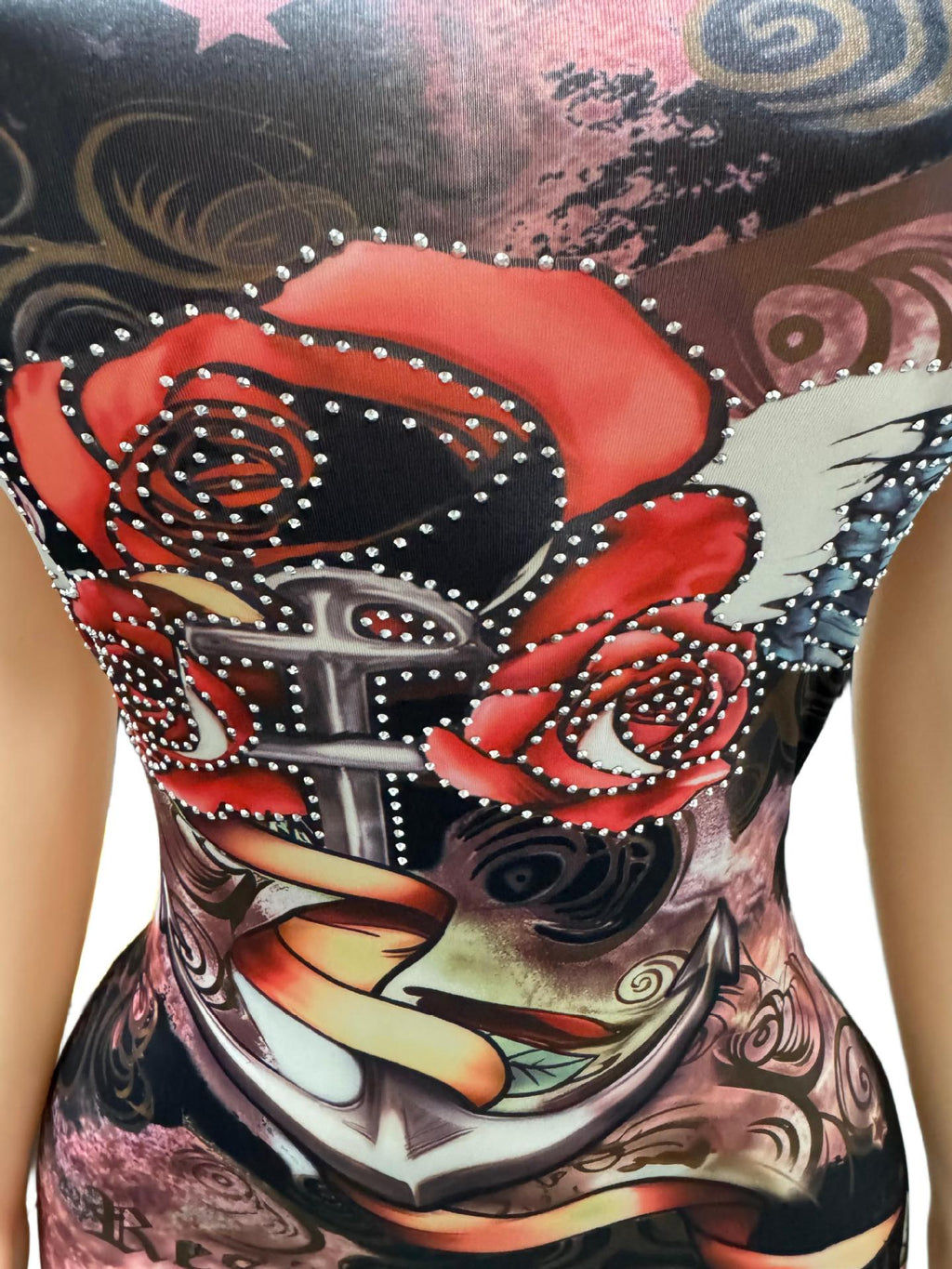 Vintage Tattoo Graphic Print Strapless Bodycon Mini Dress Women