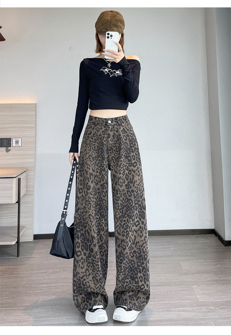 Leopard Print Wide Leg Denim Jeans High Waist Loose Straight Pants
