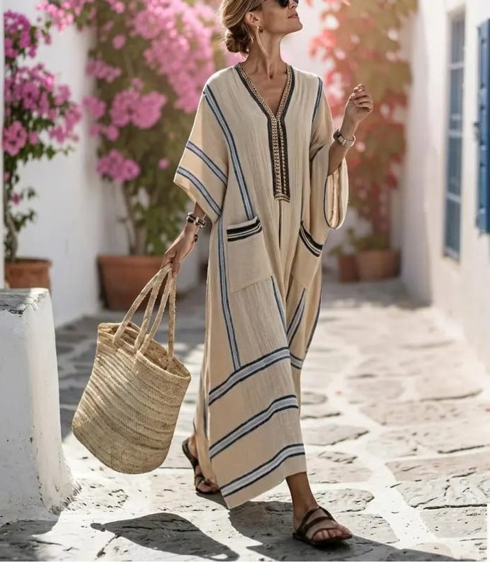 Women Boho Striped V Neck Patch Pocket Loose Kaftan Maxi Beach Dress