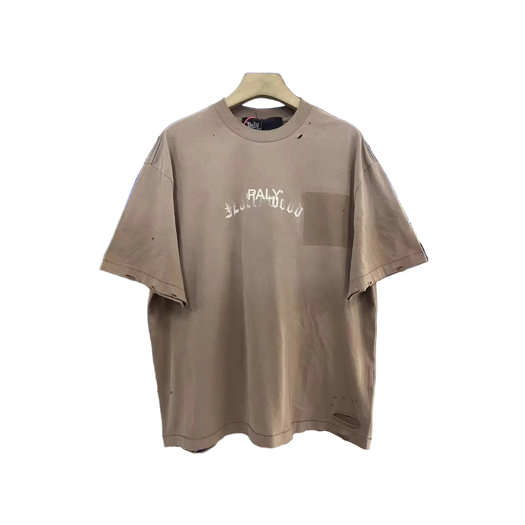 Paly Hollywood Letter Print Distressed Pocket Washed Crew Neck T Shirt