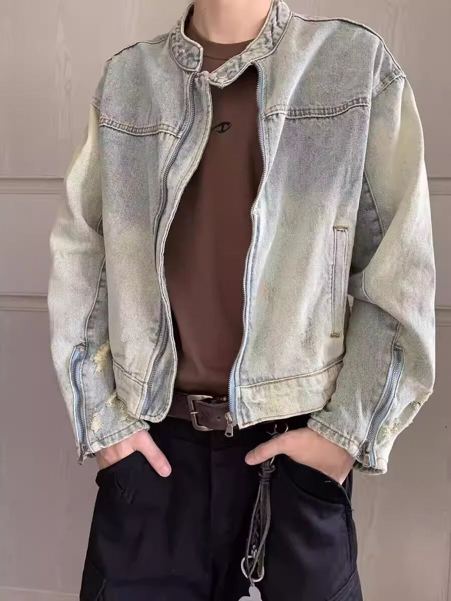 Y2K Vintage Washed Spliced Denim Zip‑Up Jacket Streetwear Unisex