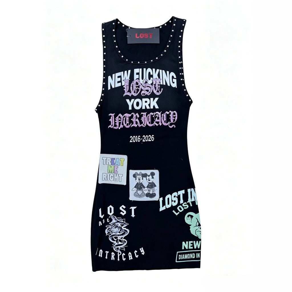 Lost Intricacy Graphic Rivet Sleeveless Tank Bodycon Mini Dress Women