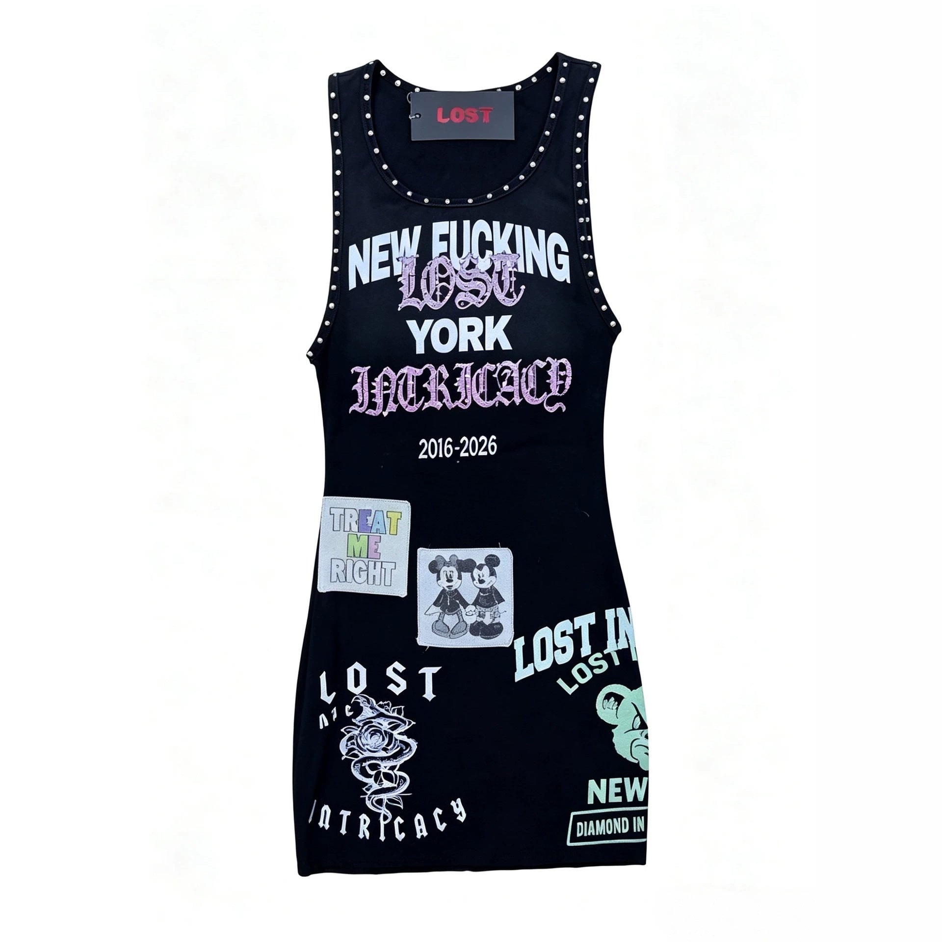 Lost Intricacy Graphic Rivet Sleeveless Tank Bodycon Mini Dress Women