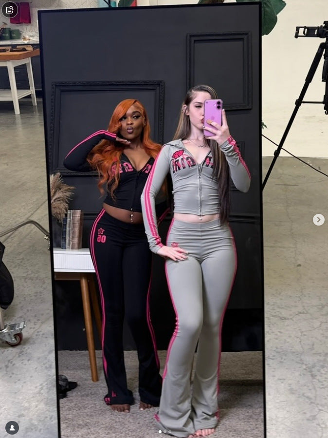 StarGirl Print Zip Up Hooded Crop Top Flare Pants 2 Piece Tracksuit Women