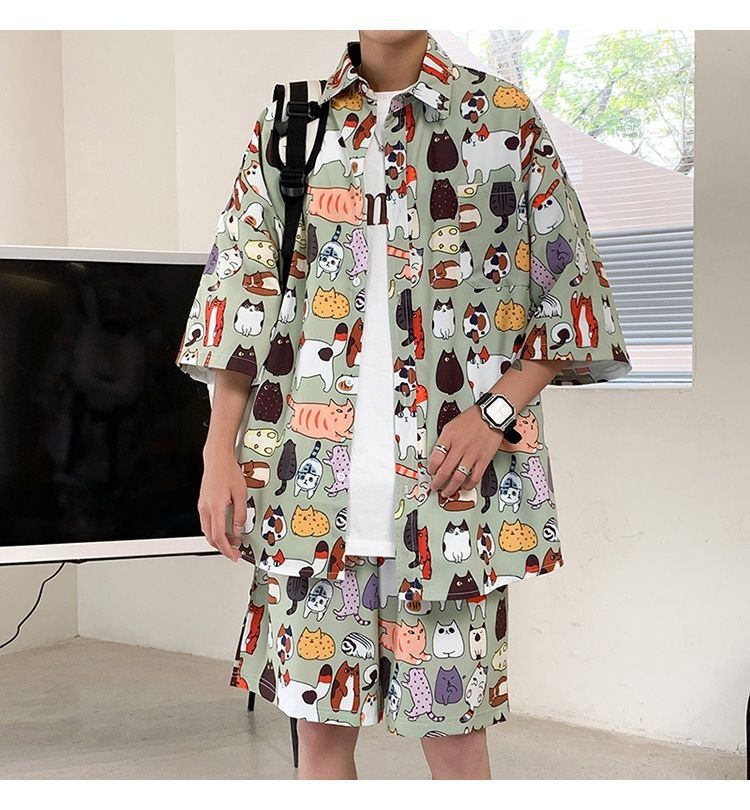 Couple Quick Dry Floral Loose Tropical Beach Shirt Shorts Set