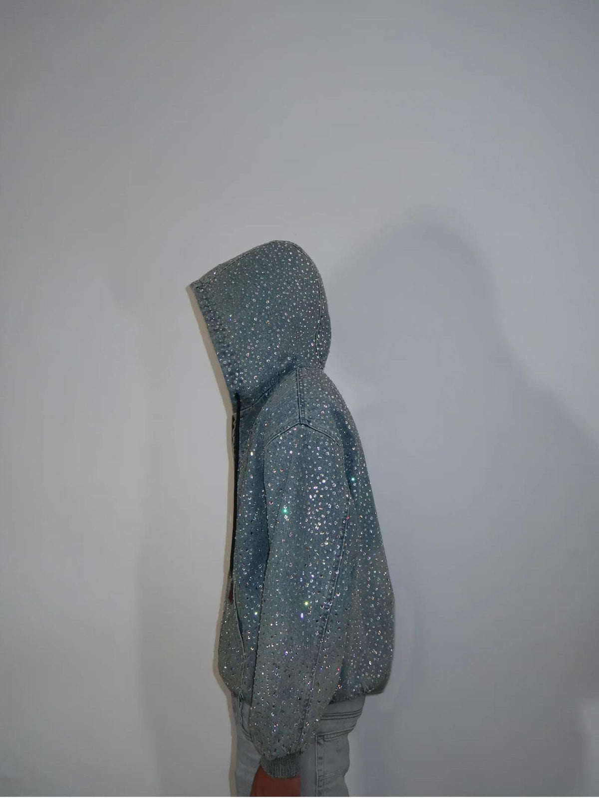 Rhinestone Denim Hooded Jacket Full Crystal Zip Up Unisex