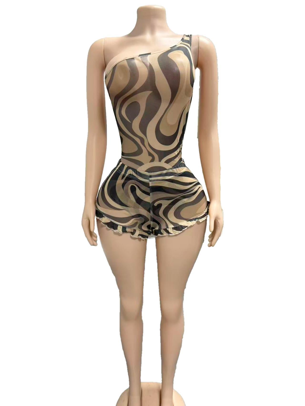 Zebra Print Sleeveless Bodycon Romper Shorts Women Club Outfit