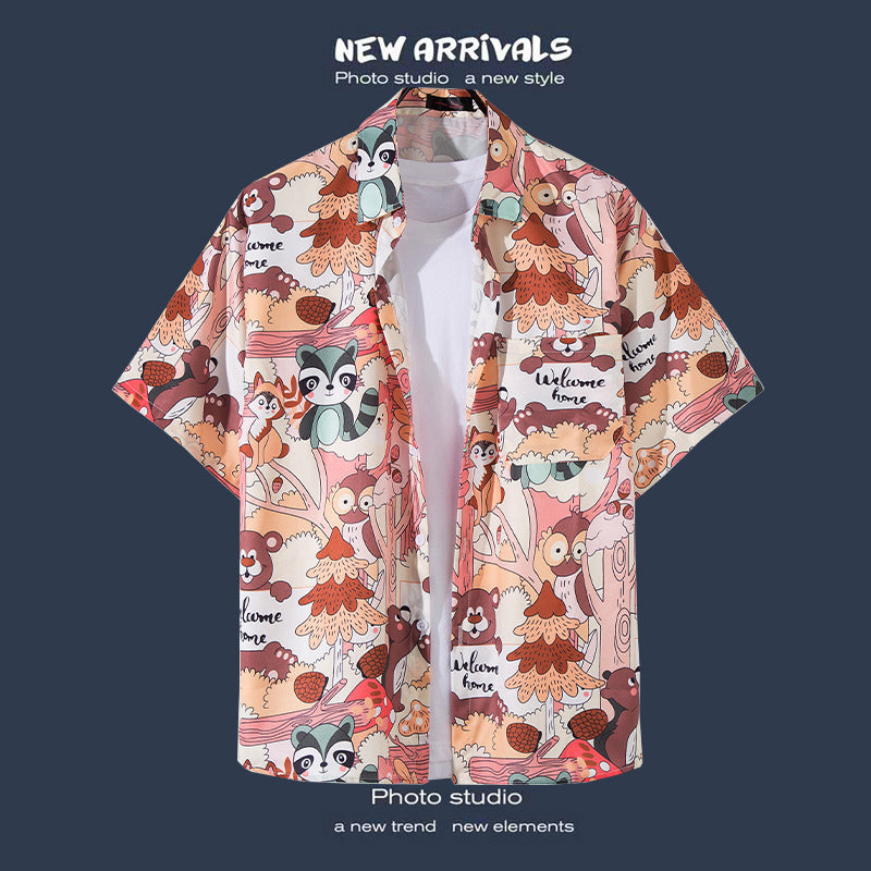 Mens Vintage Tropical Hawaiian Floral Loose Short Sleeve Beach Shirt