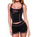 I.AM.GIA Contrast Piping Letter Print Square Neck Tank Short 2 Piece Set