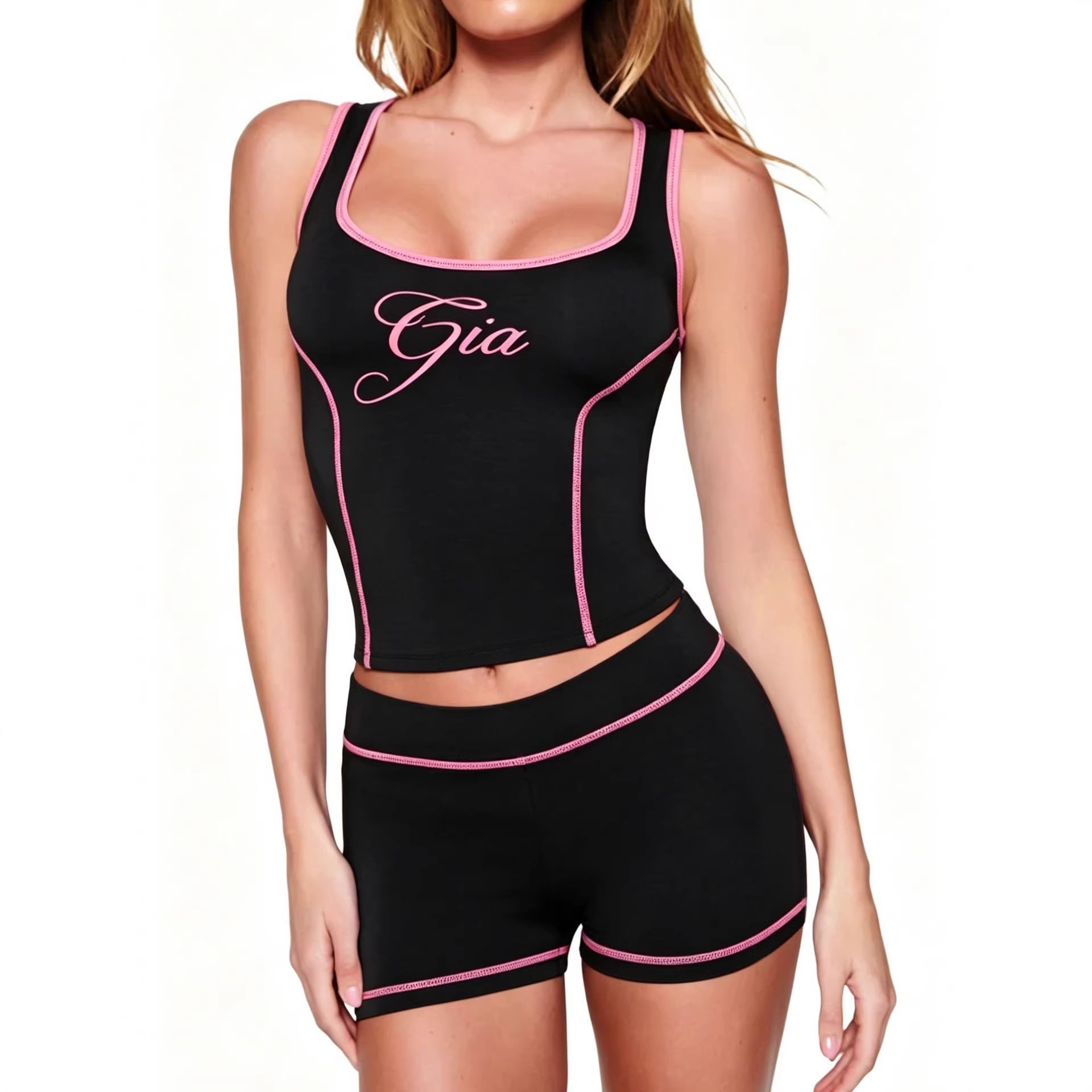 I.AM.GIA Contrast Piping Letter Print Square Neck Tank Short 2 Piece Set