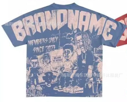 Y2K Hip-Hop Cartoon Portrait Oversized Vintage Baumwoll-T-Shirt im Members-Only-Stil