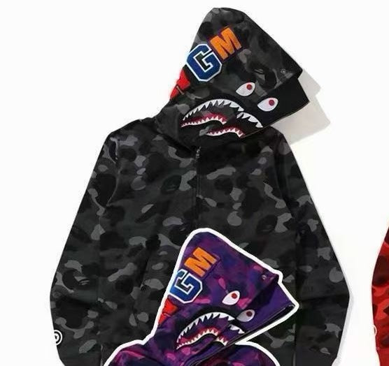 BAPE Double Hood Shark Tiger Camo Embroidered Zip Hoodie