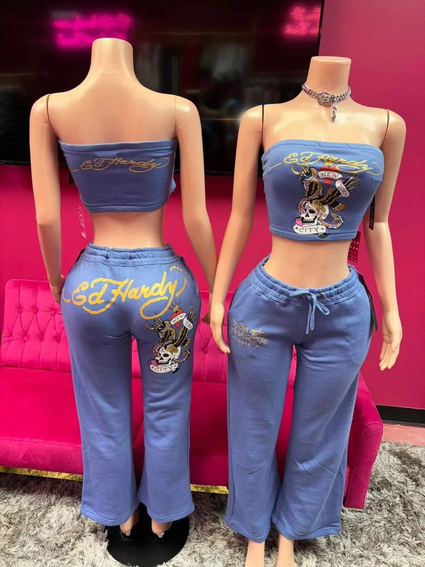 Skull Graphic Print Strapless Tube Top Wide Leg Pants 2 Piece Set Women