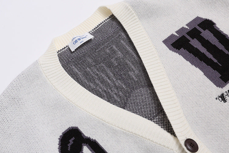 Off-White Moon Letter Pattern Knit Cardigan Sweater Unisex