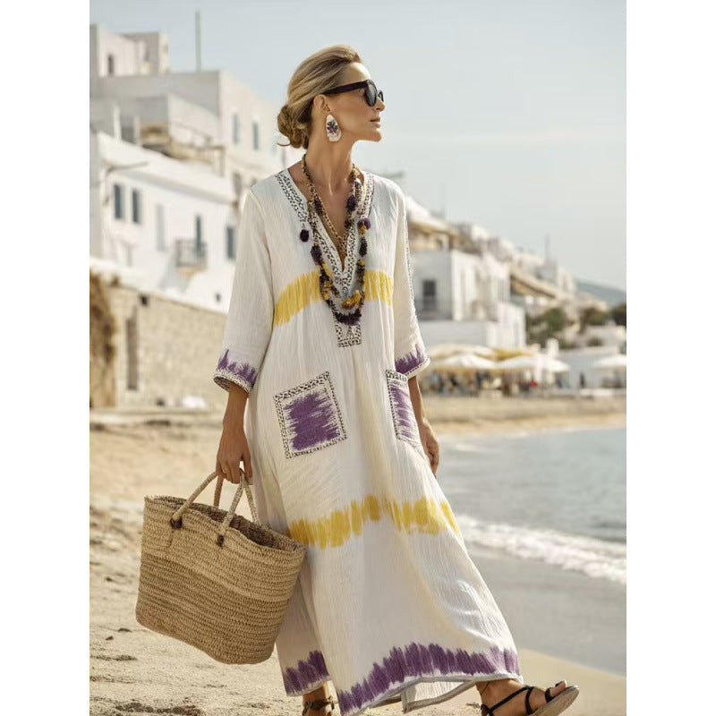 Women Boho Striped Embroidery V Neck Loose Kaftan Maxi Beach Dress