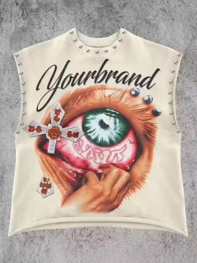 Vintage Letter Number Graphic Rivet Sleeveless Loose Vest Top Women