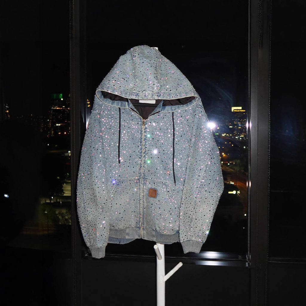 Rhinestone Denim Hooded Jacket Full Crystal Zip Up Unisex