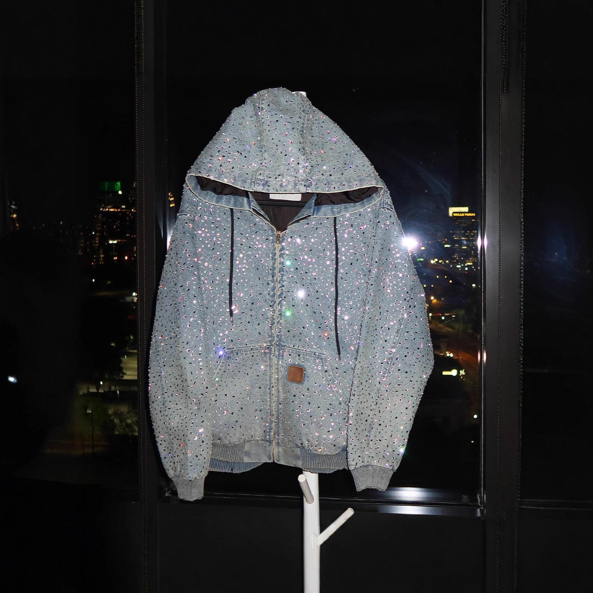 Rhinestone Denim Hooded Jacket Full Crystal Zip Up Unisex