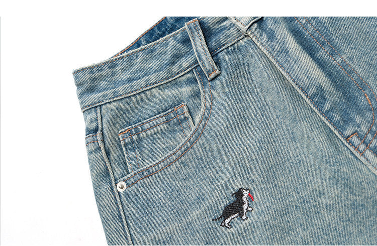 Light Blue Puppy Embroidered Wide Leg Denim High Waist Loose Trousers