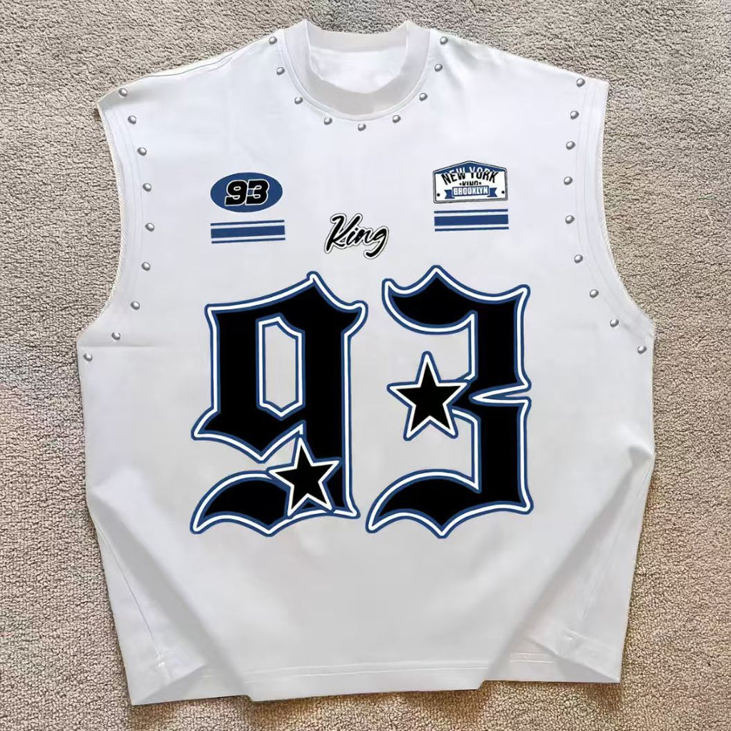 Vintage Letter Number Graphic Rivet Sleeveless Loose Vest Top Women