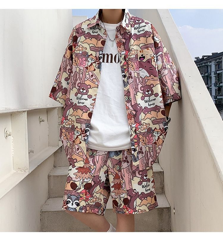 Couple Quick Dry Floral Loose Tropical Beach Shirt Shorts Set