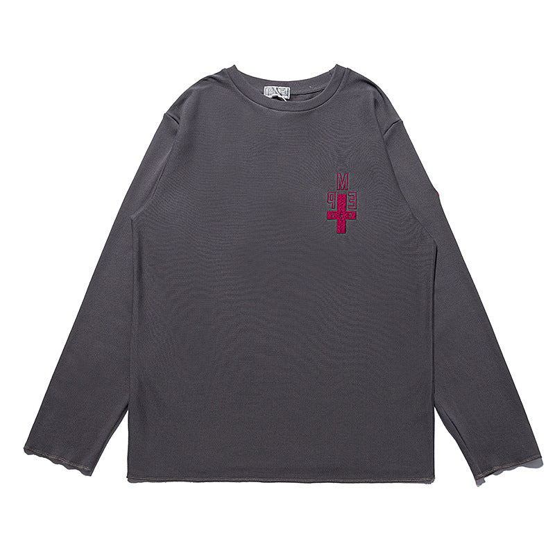 Washed Wax Dye Cross Letter Embroidery Crew Neck Long Sleeve T Shirt