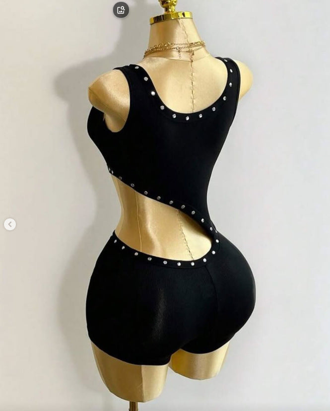 Eyelet Lace Up Cutout Sleeveless Romper Shorts