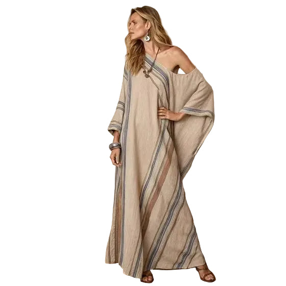 Women Boho Diagonal Striped Off Shoulder Loose Kaftan Maxi Beach Dress