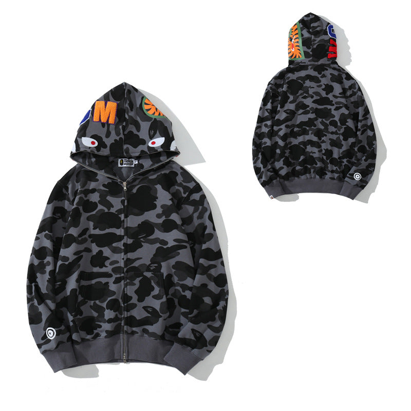 BAPE Shark Camo Print Full Zip Embroidery Streetwear Hoodie Unisex