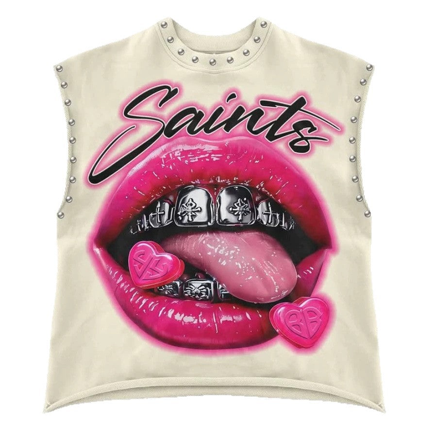 Vintage Multi Graphic Rivet Sleeveless Crop Tank Top