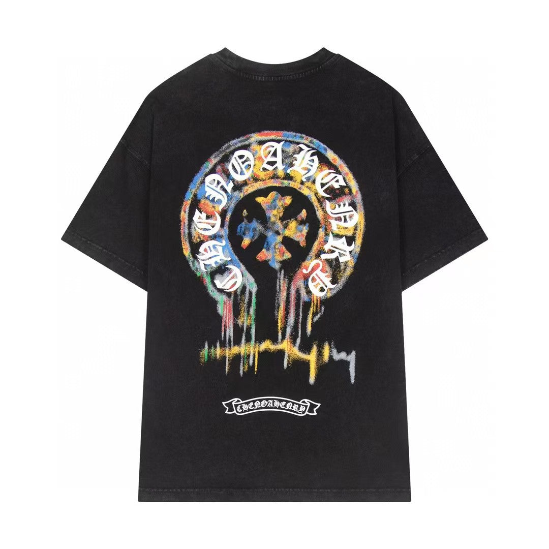 Chrome Hearts Color Sanskrit Cross Print Short Tee Unisex Y2K