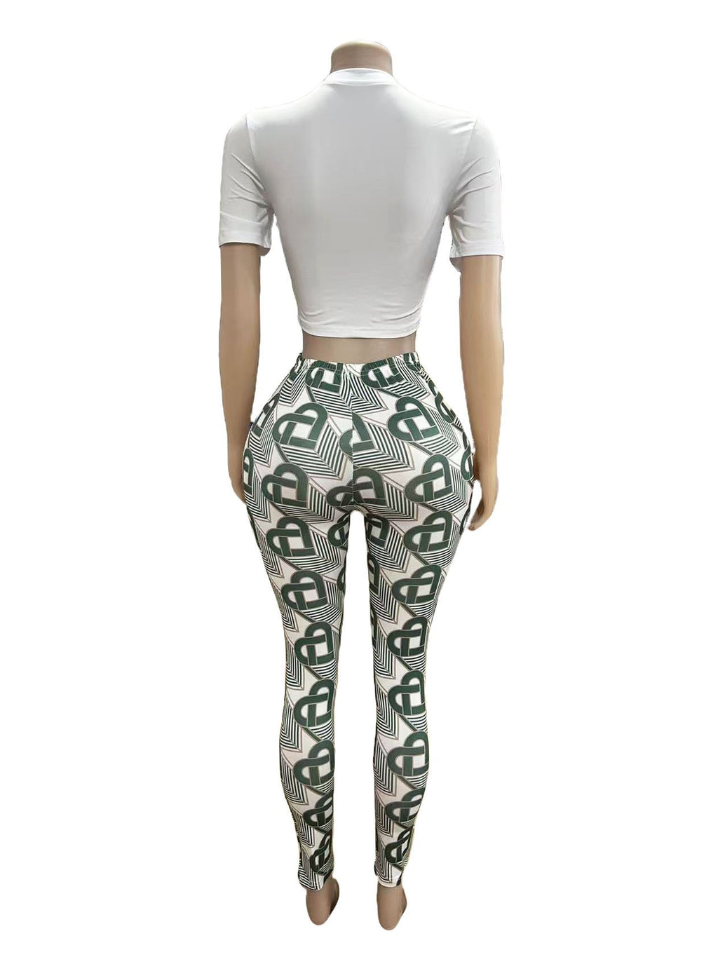 Geometric Print Short Sleeve Crop Top Skinny Pants 2 Piece Set Women