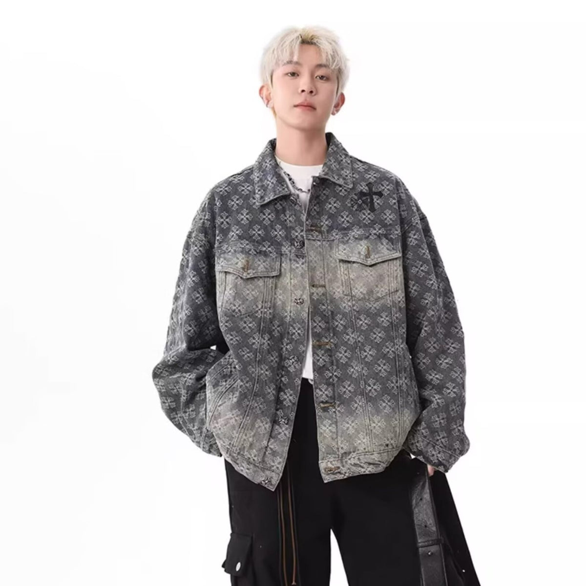 Y2K Vintage Washed Spliced Denim Zip‑Up Jacket Streetwear Unisex