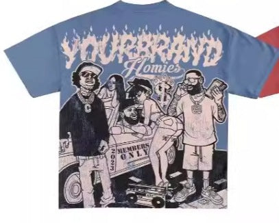 Y2K Hip-Hop Cartoon Portrait Oversized Vintage Baumwoll-T-Shirt im Members-Only-Stil