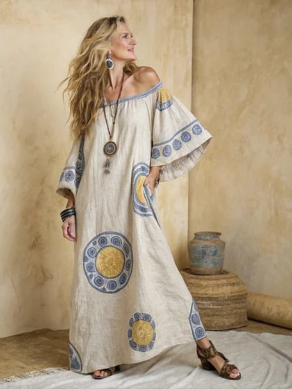 Women Boho Diagonal Striped Off Shoulder Loose Kaftan Maxi Beach Dress