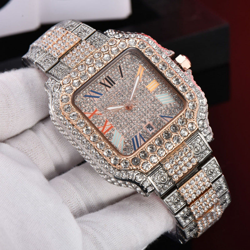 Iced Out Square Roman Numeral Quartz Watch