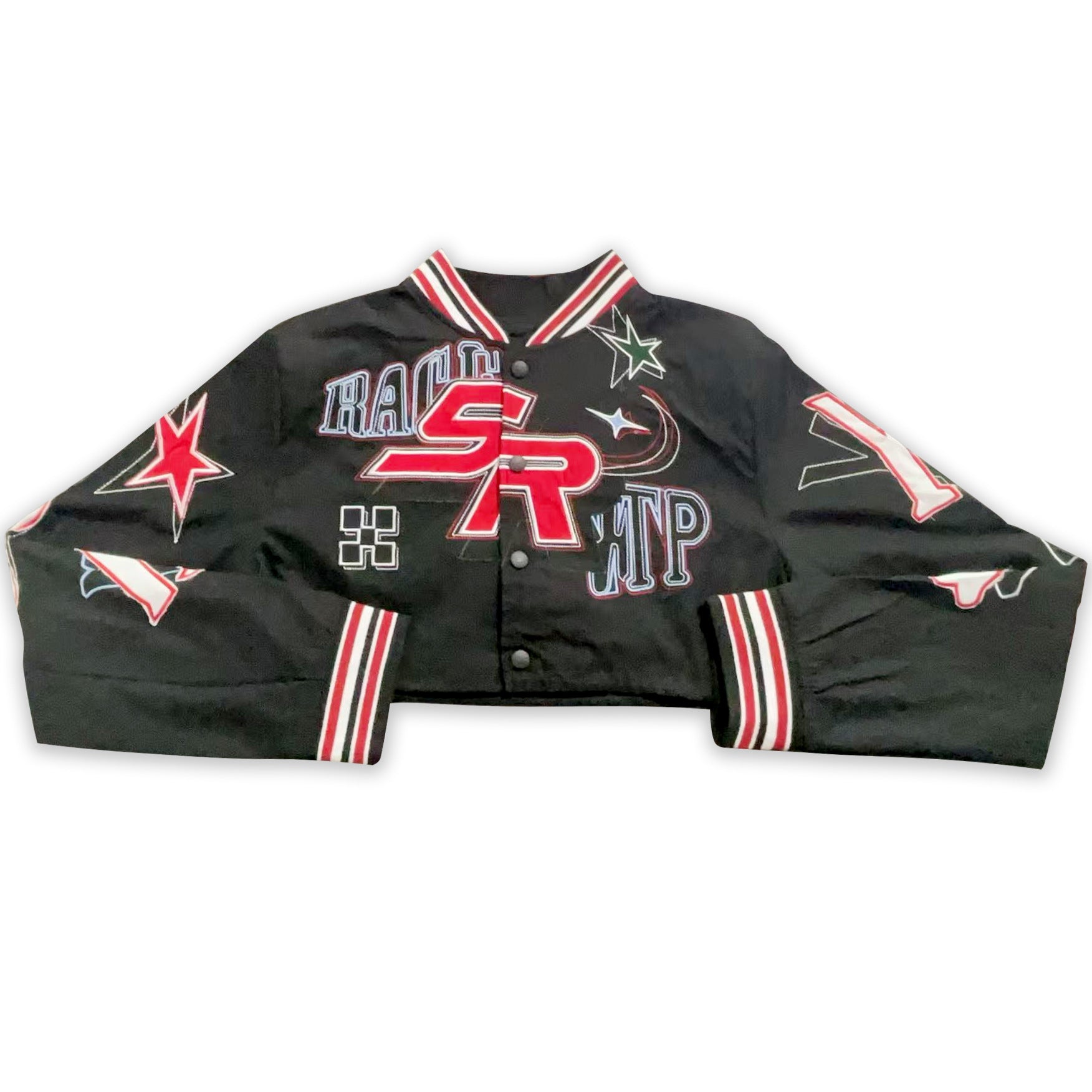 Embroidered Cropped Varsity Jacket Women Long Sleeve Baseball Coat