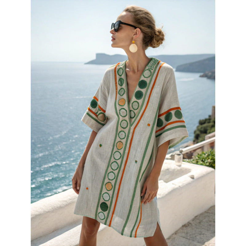 Women Boho Striped V Neck Loose Kaftan Midi Beach Dress