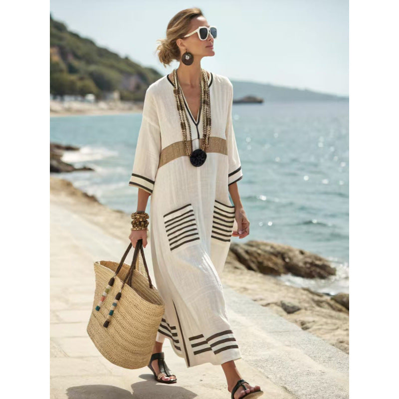 Women Boho Striped Embroidery V Neck Loose Kaftan Maxi Beach Dress