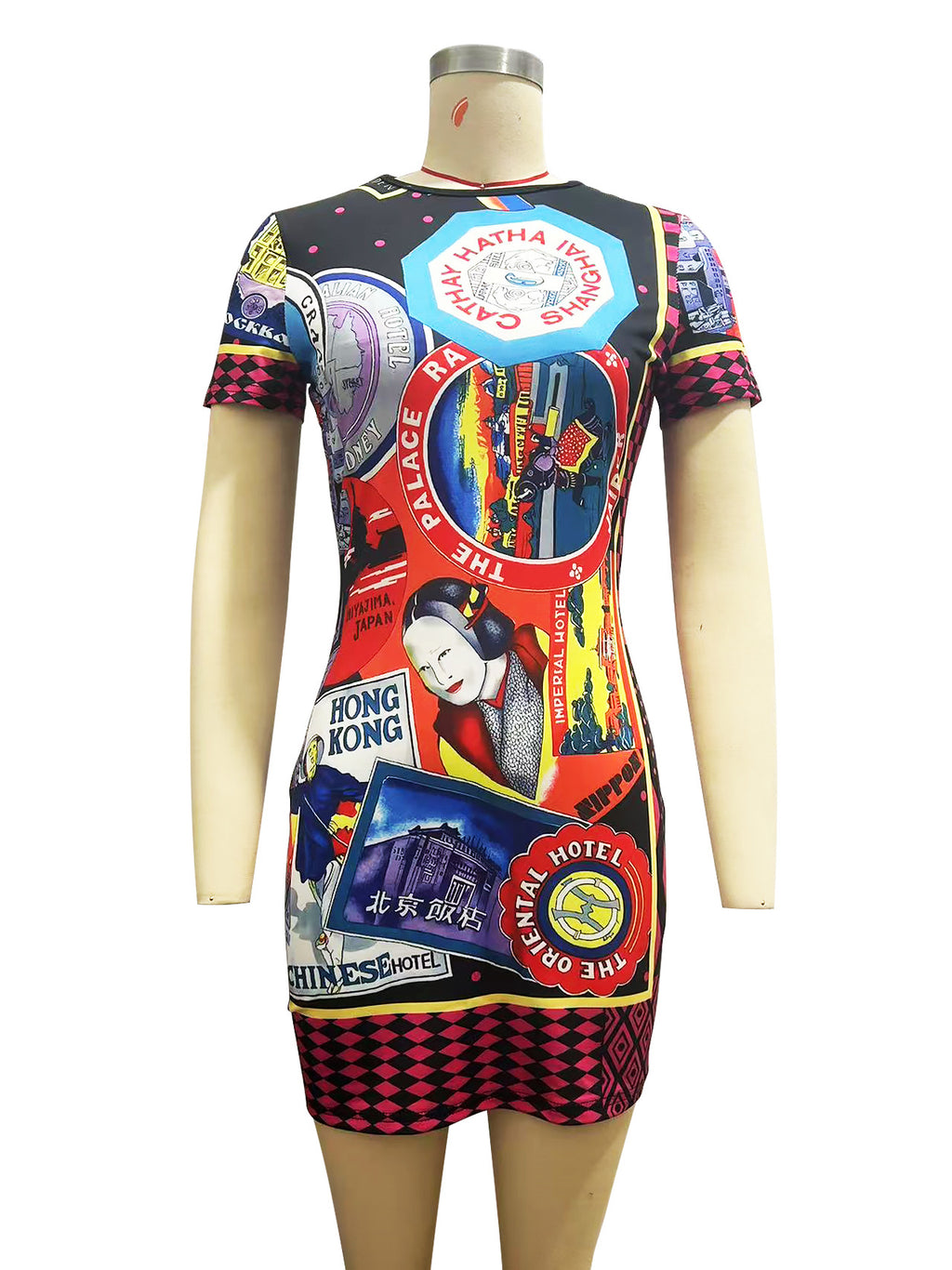 Versus Versace Travel Souvenir Collage Print Bodycon Mini Dress Women